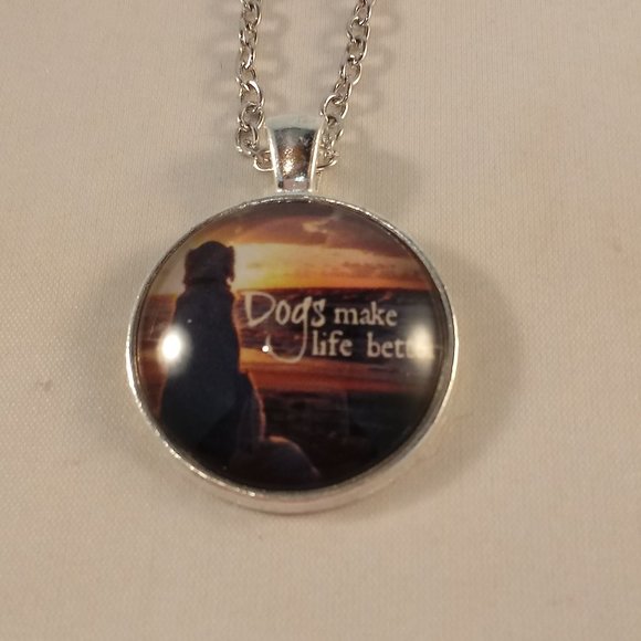 Silver Golden Retriever Labrador "Dogs Make Life Better" Cabochon Necklace 20" - Picture 2 of 3